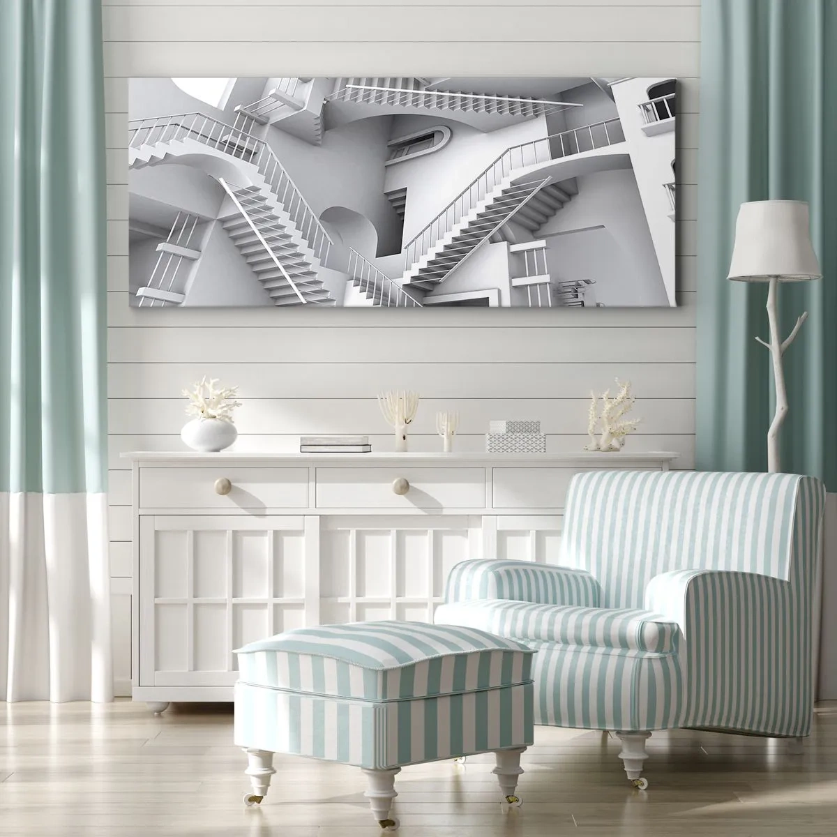 Obraz na płótnie - Abstrakcyjna kompozycja schodów w surrealistycznym układzie przestrzeni - 140x50cm - Paradoksy przestrzeni - Nowoczesna dekoracja ścienna do salonu i sypialni ARTTOR