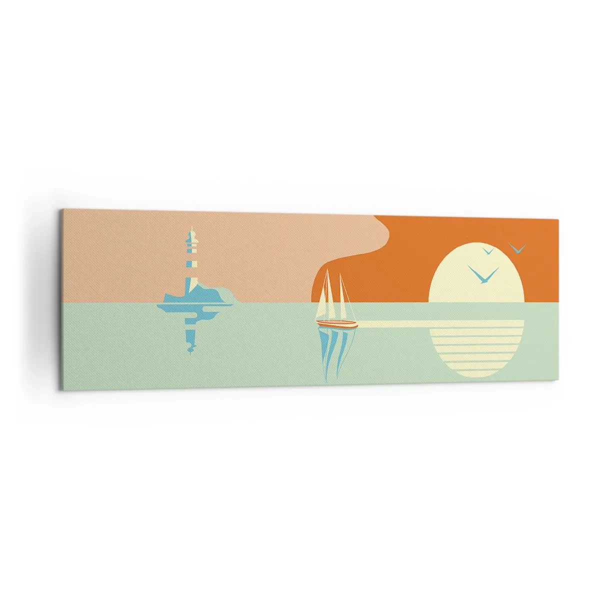 Obraz na płótnie - Minimalistyczny pejzaż morski z żaglówką i zachodem słońca - 160x50cm - Morski pejzaż idealny - Nowoczesna dekoracja ścienna do salonu i sypialni ARTTOR