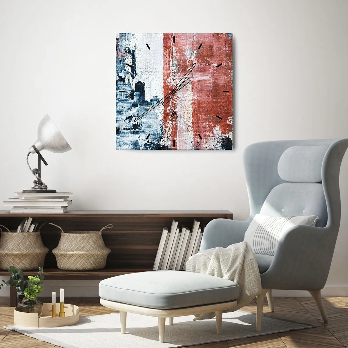Zegar ścienny - Abstrakcja w biało-niebieskich i ceglanych barwach - 30x30cm - Abstrakcyjne pół na pół - Nowoczesna dekoracja ścienna do salonu i sypialni ARTTOR
