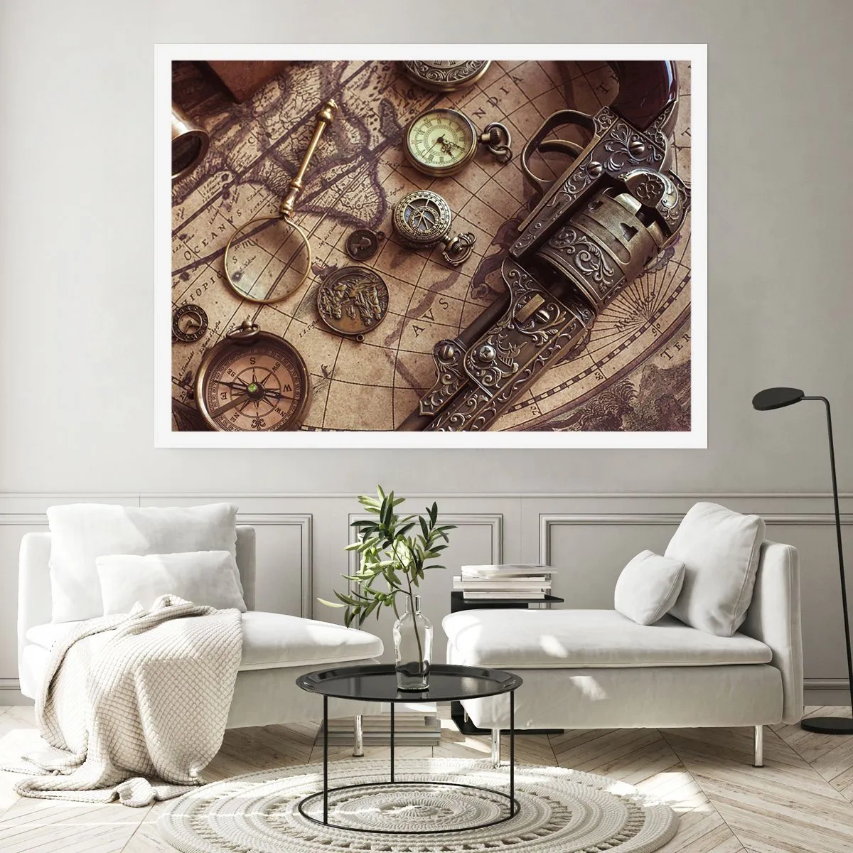 Plakat - Zabytkowe przedmioty na starej mapie w retro stylu - 100x70cm - Przygoda wzywa - Nowoczesna dekoracja ścienna do salonu i sypialni ARTTOR