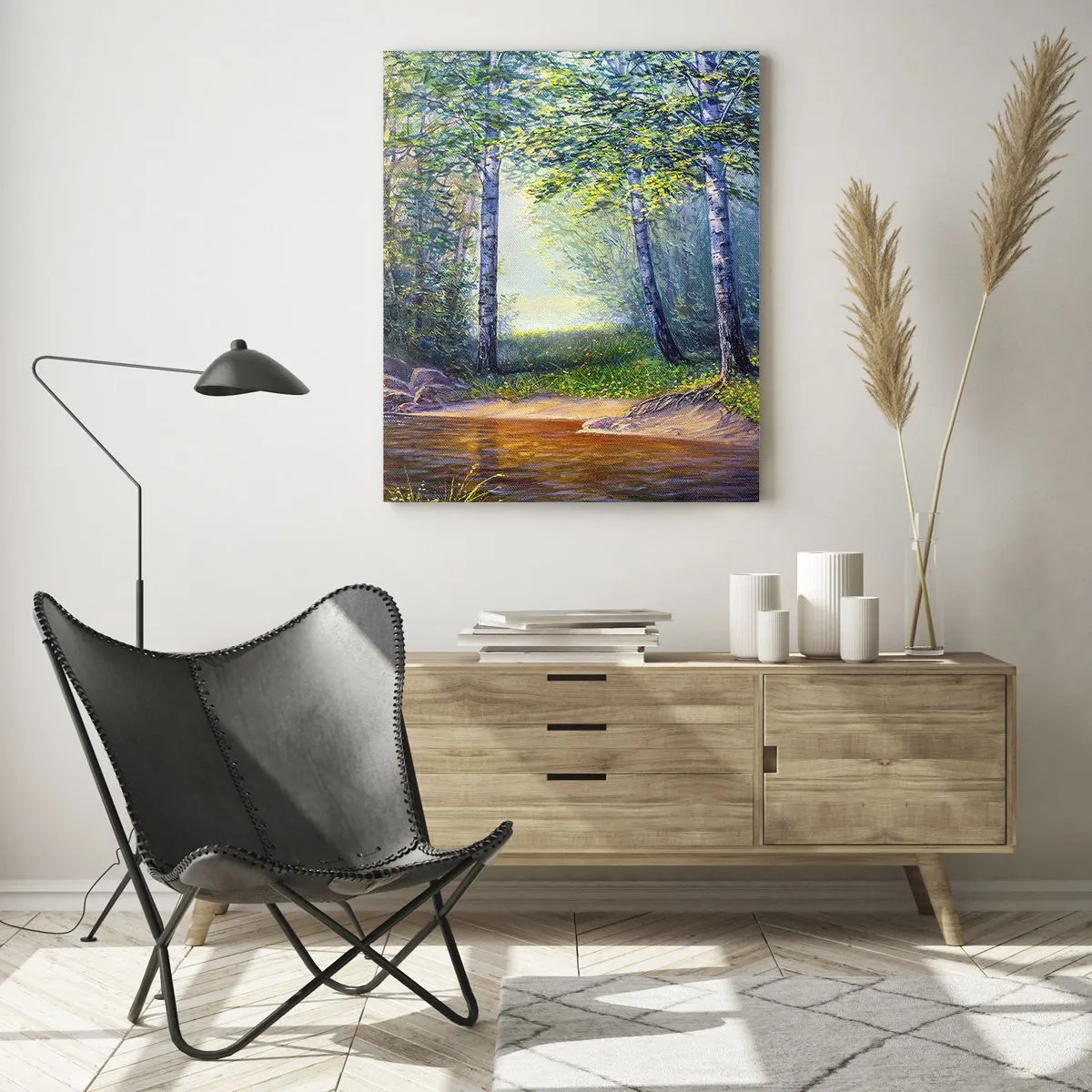 Obraz na szkle - Leśny strumień otoczony drzewami w promieniach słońca - 50x70cm - Sielankowa sceneria - Nowoczesna dekoracja ścienna do salonu, kuchni i sypialni ARTTOR