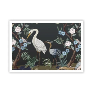 Plakat - Malowane ptaki i rośliny na ciemnym tle o eleganckim wzorze - 100x70cm - Ptasia parada - Nowoczesna dekoracja ścienna do salonu i sypialni ARTTOR