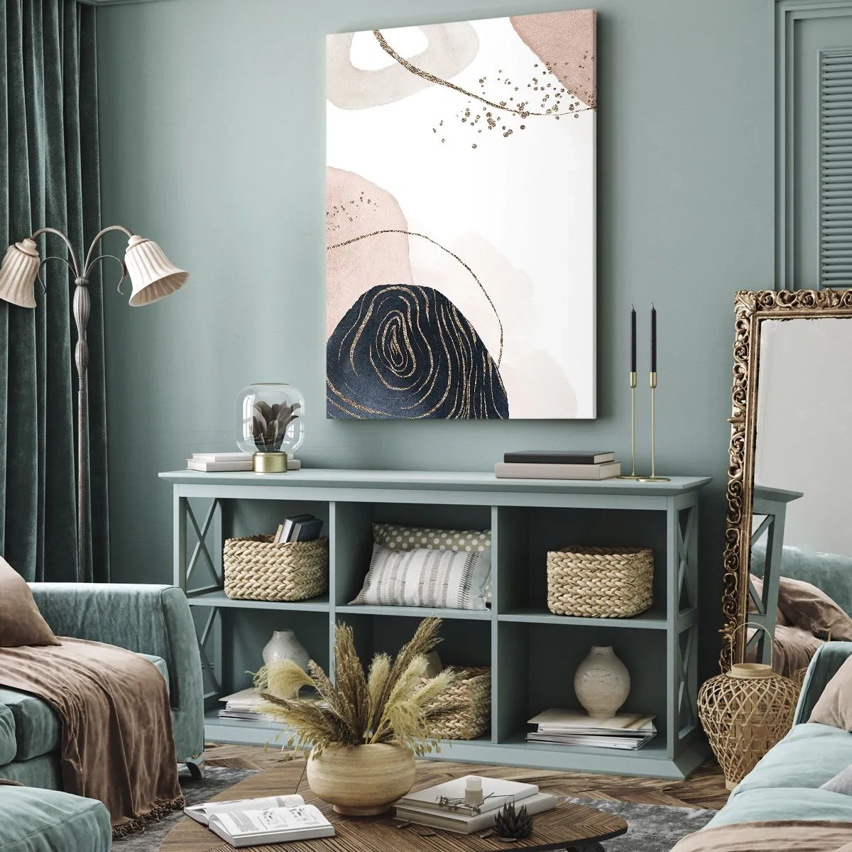 Obraz na płótnie - Abstrakcyjne kształty w odcieniach beżu i granatu ze złotymi detalami - 80x120cm - Wszystko płynie - Nowoczesna dekoracja ścienna do salonu i sypialni ARTTOR