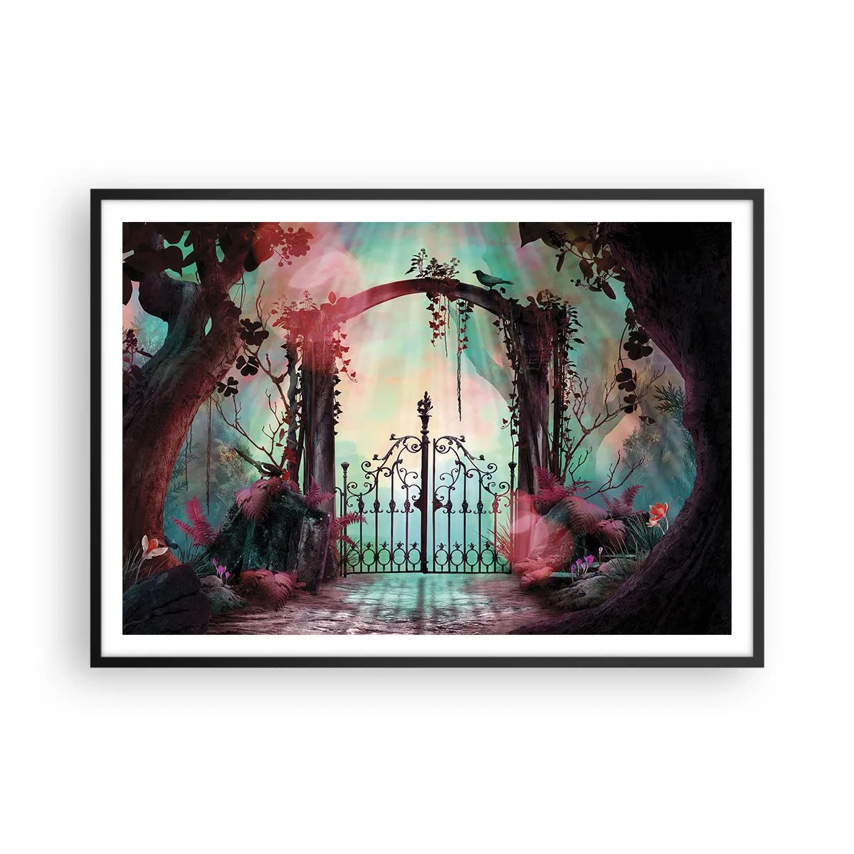 Plakat w czarnej ramie - Magiczne wejście z kutą bramą w otoczeniu tajemniczej roślinności - 100x70cm - Tajemniczy ogród - Nowoczesna dekoracja ścienna do salonu i sypialni ARTTOR