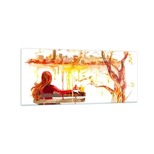 Obraz na szkle - Akwarelowa scena kobiety na ławce z widokiem na miasto - 120x50cm - Chwila zadumy - Nowoczesna dekoracja ścienna do salonu i sypialni ARTTOR