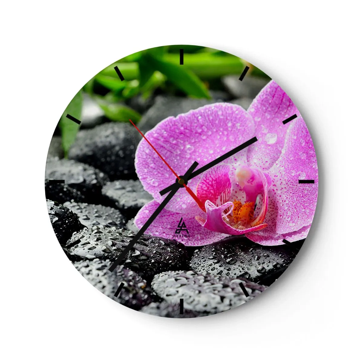 Zegar ścienny - Różowa orchidea na mokrych kamieniach - 30x30cm - Jak otwarte serce - Nowoczesna dekoracja ścienna do salonu, kuchni i sypialni ARTTOR