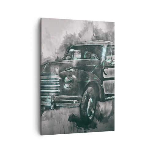 Obraz na płótnie - Czarno-biała ilustracja klasycznego samochodu retro z artystycznym efektem - 50x70cm - Szacowny przodek - Nowoczesna dekoracja ścienna do salonu, kuchni i sypialni ARTTOR