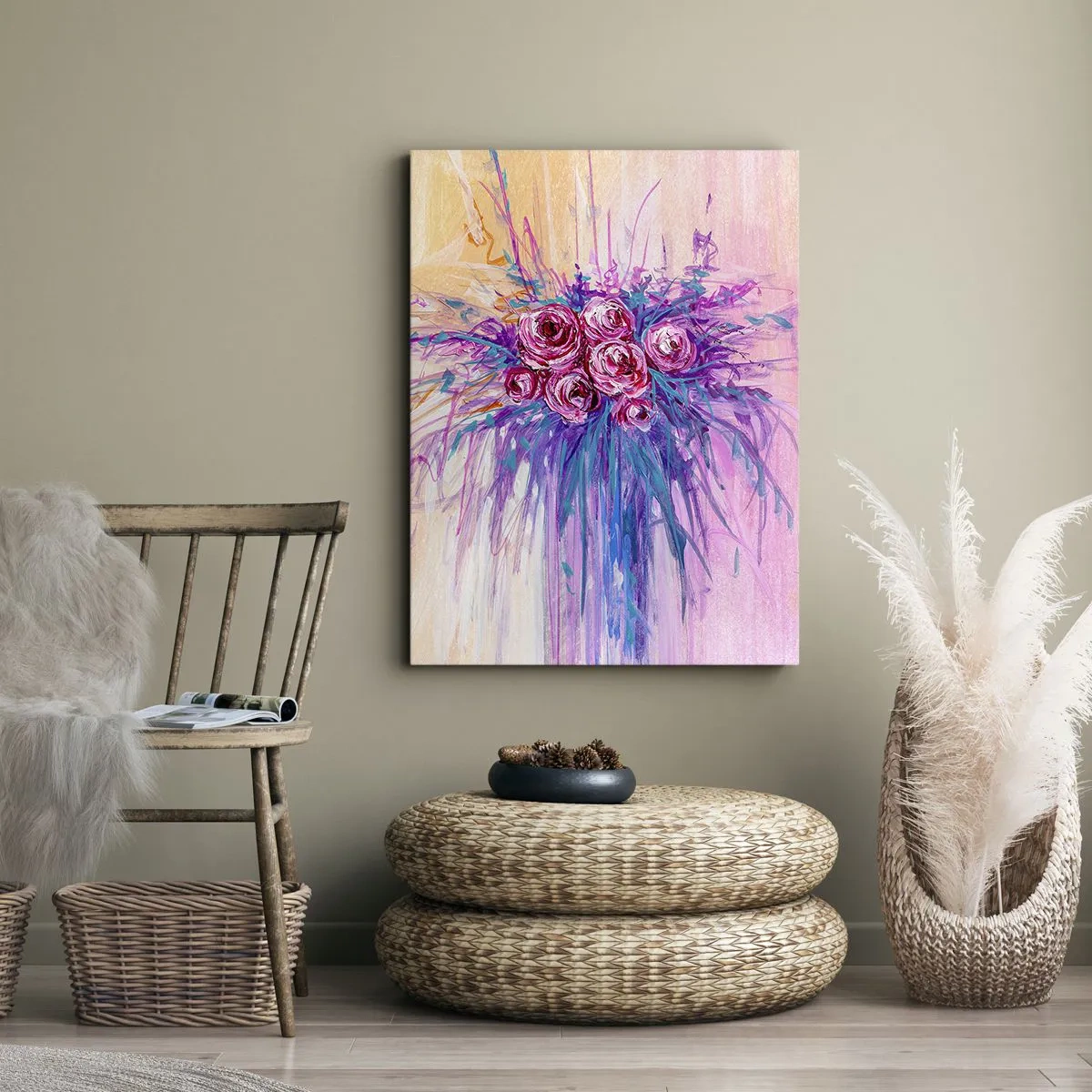 Obraz na płótnie - Abstrakcyjny bukiet róż w odcieniach różu i fioletu na pastelowym tle - 50x70cm - Różana fontanna - Nowoczesna dekoracja ścienna do salonu, kuchni i sypialni ARTTOR