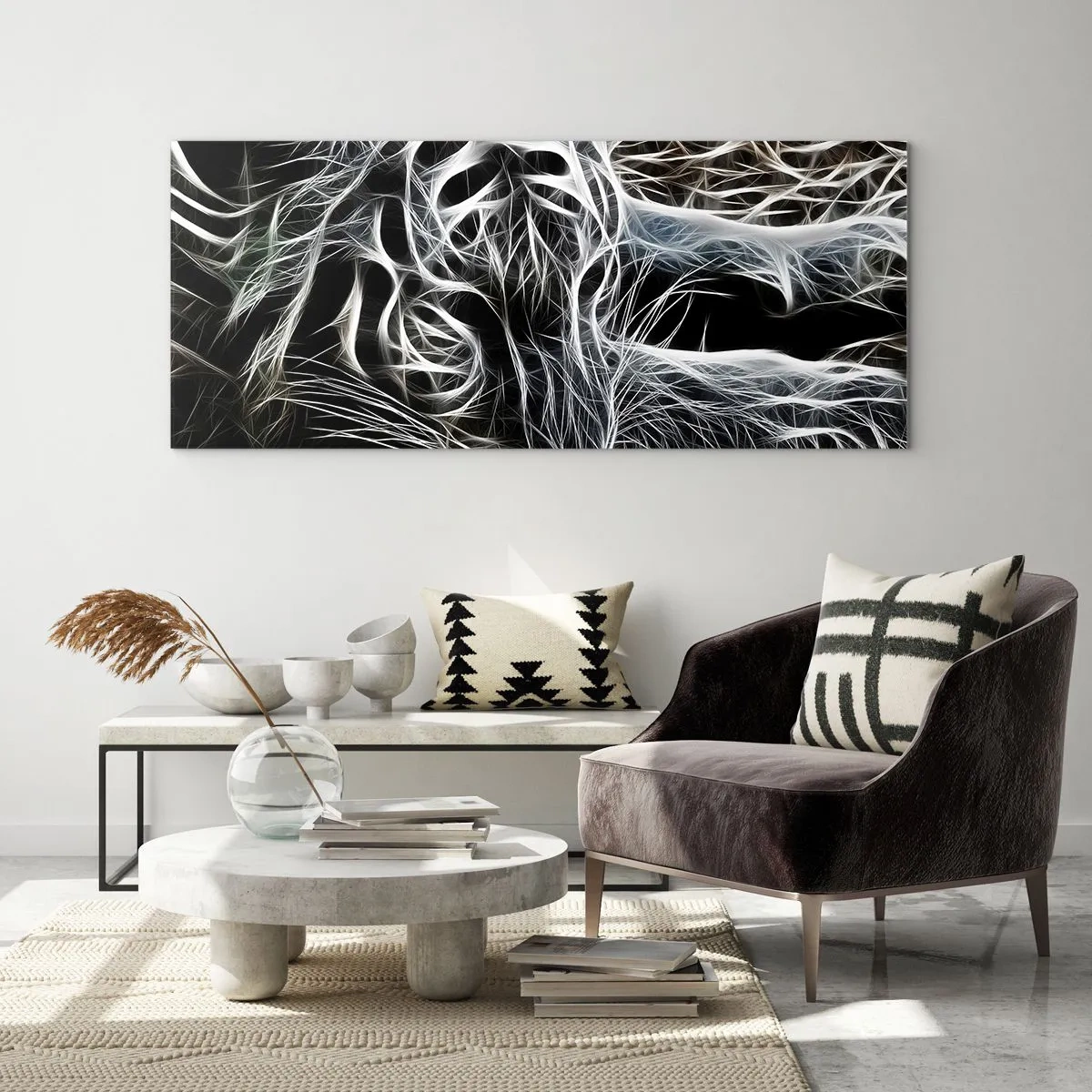 Obraz na szkle - Abstrakcyjny wzór przedstawiający sylwetkę kota na czarnym tle - 160x50cm - Studium kociej lekkości - Nowoczesna dekoracja ścienna do salonu i sypialni ARTTOR