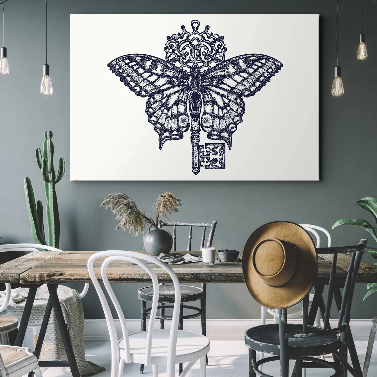 Obraz na płótnie - Stylowa grafika motyla z kluczem w minimalistycznym stylu - 120x80cm - Wszystkie tajemnice serca - Nowoczesna dekoracja ścienna do salonu, kuchni i sypialni ARTTOR