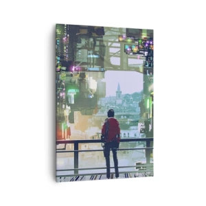 Obraz na płótnie - Postać w futurystycznym mieście z neonowymi światłami - 70x100cm - Dwa światy - Nowoczesna dekoracja ścienna do salonu i sypialni ARTTOR