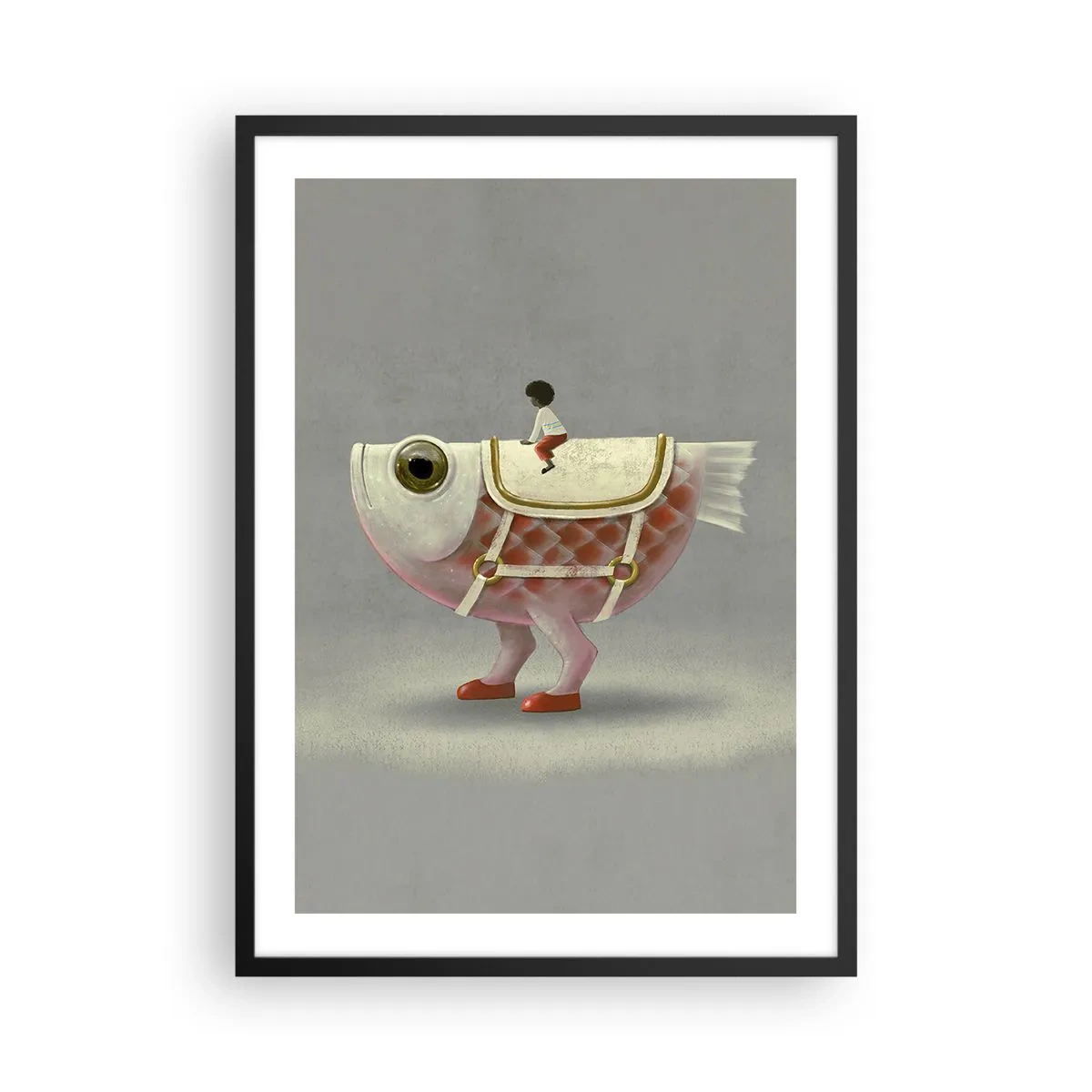 Plakat w czarnej ramie - Fantazyjna ryba z siodłem i postacią na tle szarości - 50x70cm - Ryboński jeździec - Nowoczesna dekoracja ścienna do salonu i sypialni ARTTOR