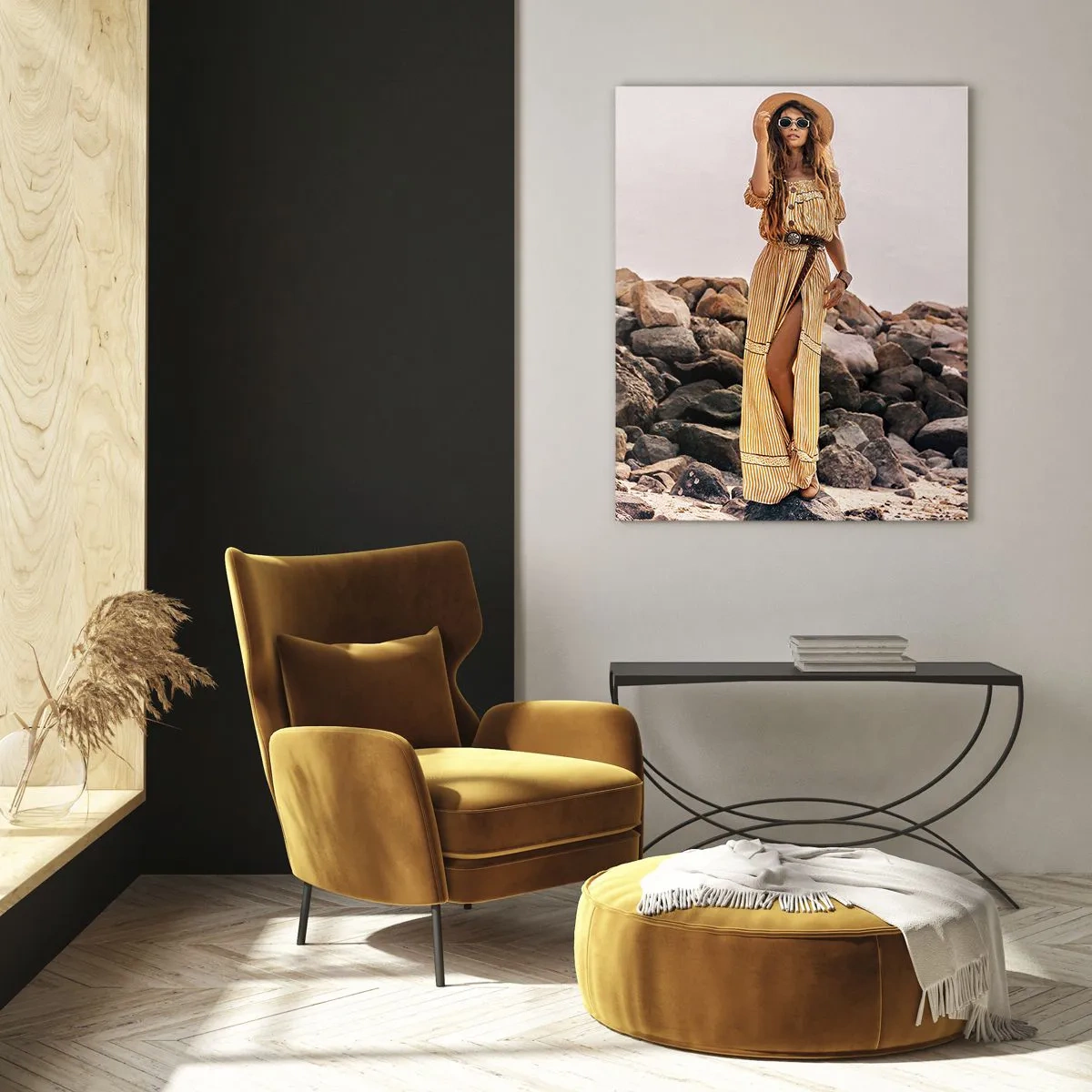 Obraz na szkle - Kobieta w sukience na tle skalistego brzegu w stylu boho - 50x70cm - Magia kamieni - Nowoczesna dekoracja ścienna do salonu, kuchni i sypialni ARTTOR