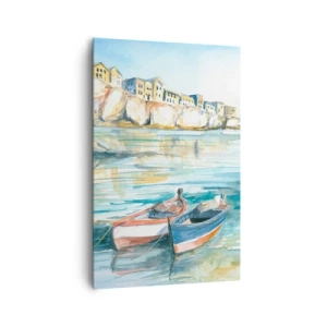 Obraz na płótnie - Malowniczy krajobraz nadmorski z łodziami na wodzie - 80x120cm - Pejzaż w lazurze - Nowoczesna dekoracja ścienna do salonu i sypialni ARTTOR