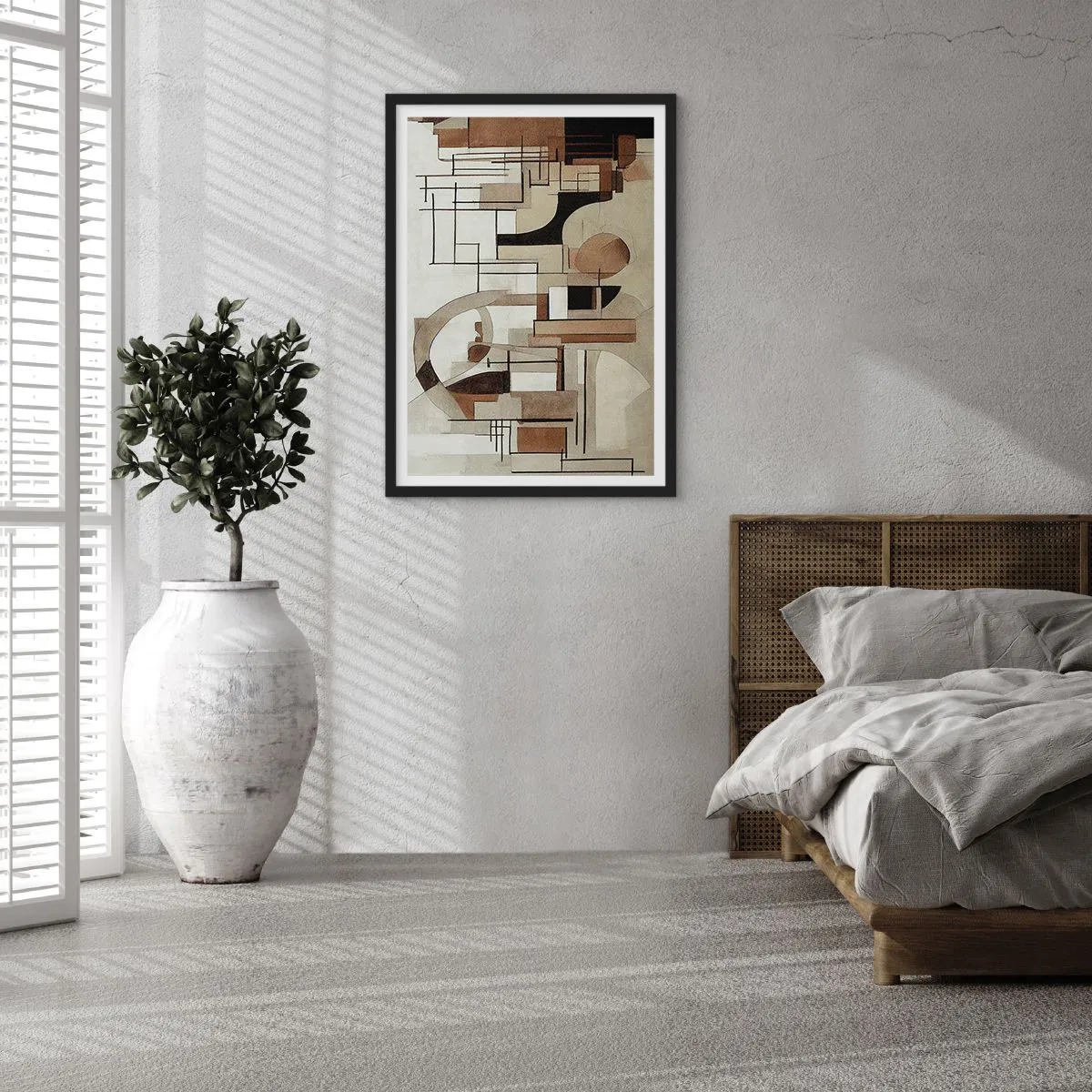 Plakat w czarnej ramie - Geometryczna abstrakcja w odcieniach brązu i beżu - 50x70cm - Pejzaż miejski 2.0 - Nowoczesna dekoracja ścienna do salonu i sypialni ARTTOR