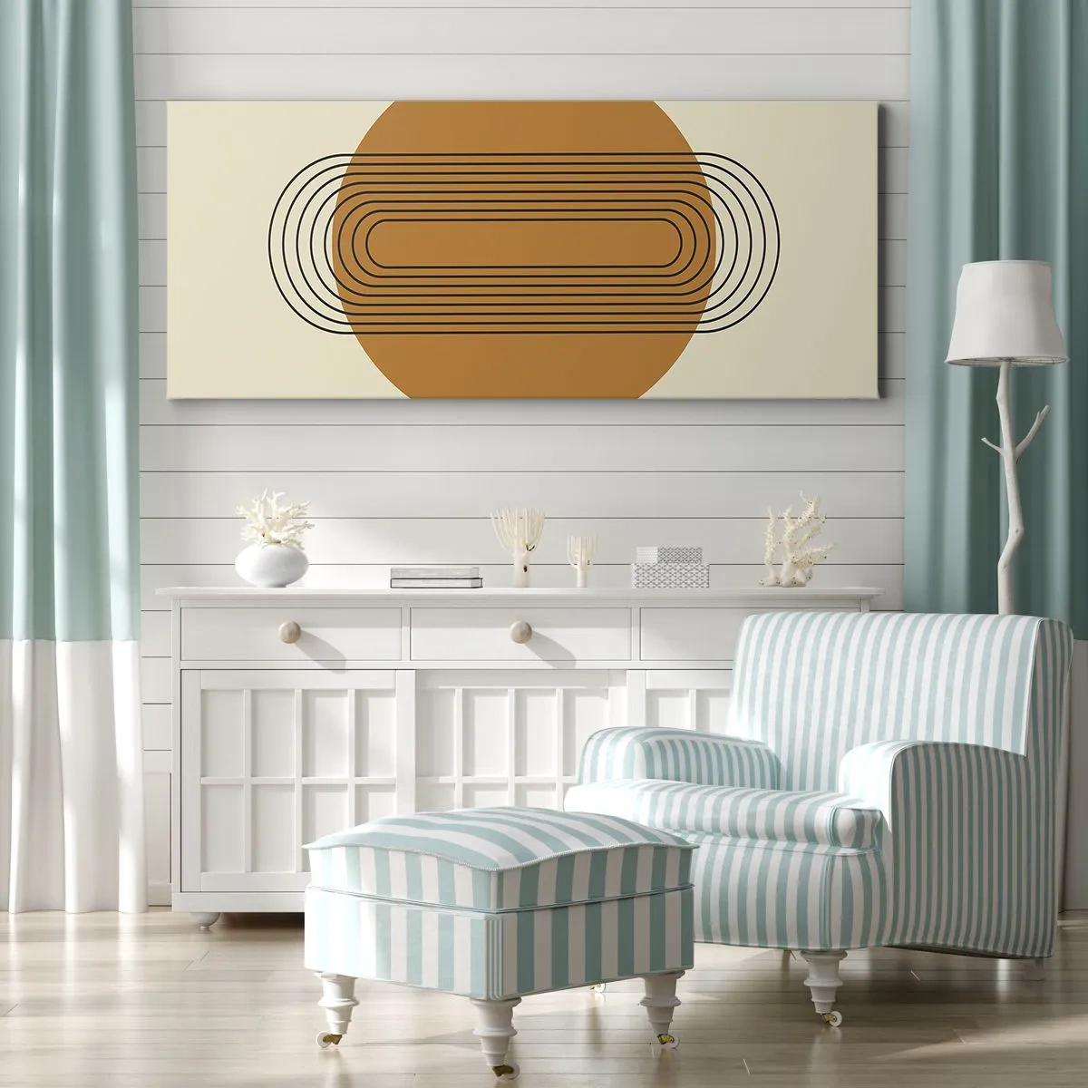 Obraz na płótnie - Geometryczny wzór z pomarańczowym kołem i liniami - 160x50cm - Plan doskonały - Nowoczesna dekoracja ścienna do salonu i sypialni ARTTOR