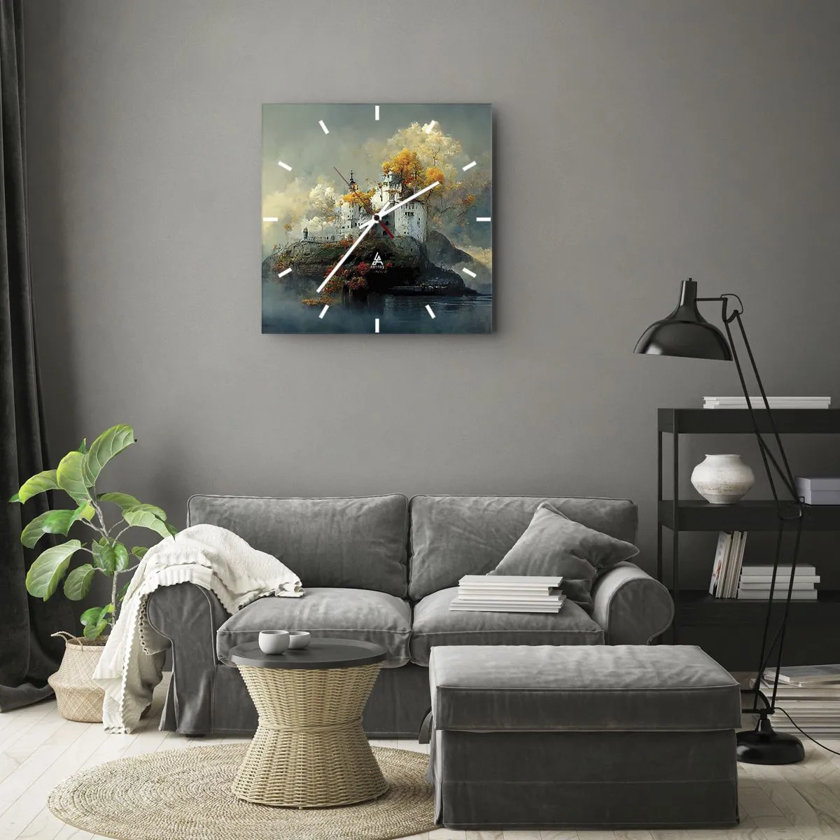 Zegar ścienny - Zamek na wzgórzu otoczony jesiennymi drzewami - 30x30cm - Początek romantycznej opowieści - Nowoczesna dekoracja ścienna do salonu i sypialni ARTTOR