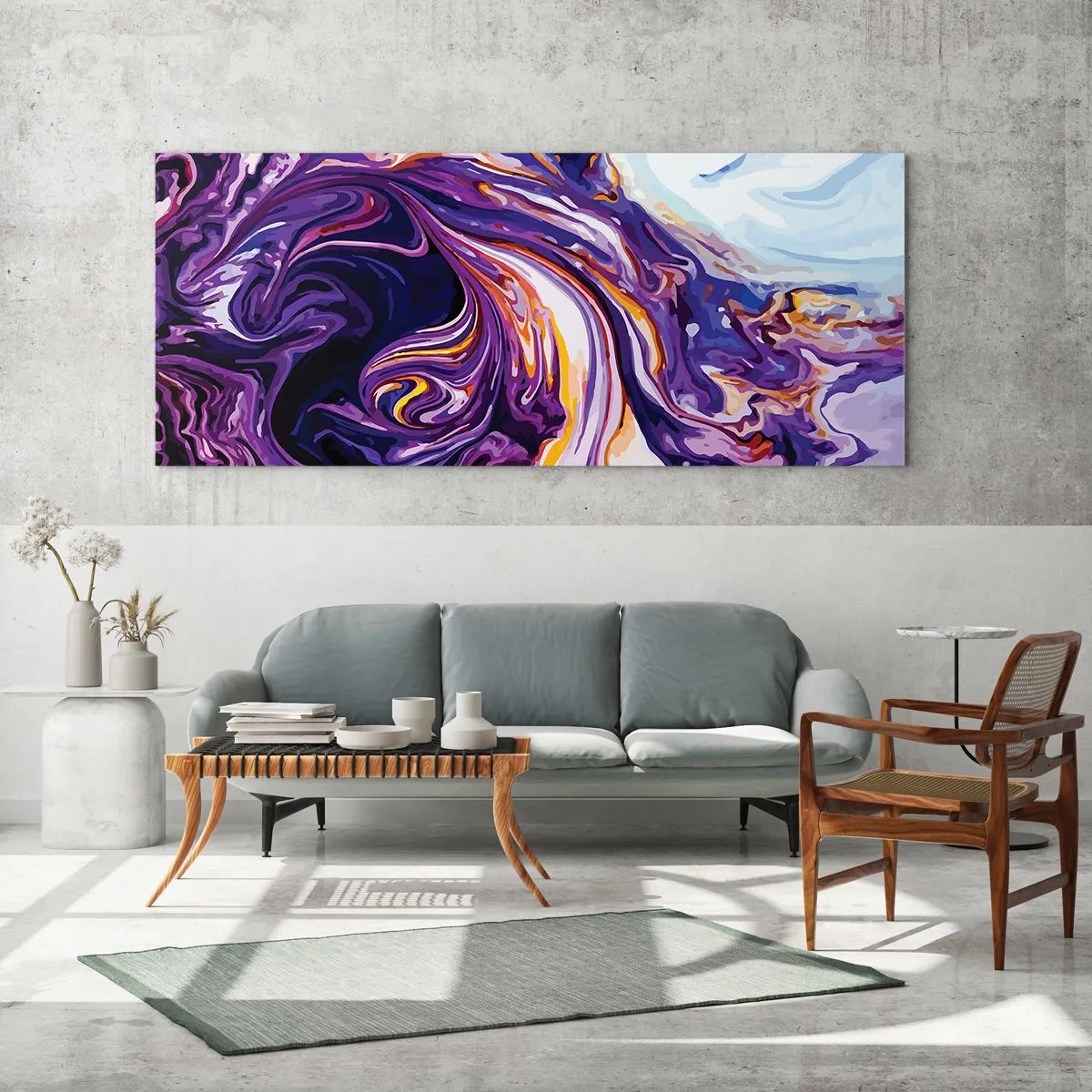 Obraz na szkle - Dynamiczny abstrakcyjny wzór w odcieniach fioletu i żółci - 140x50cm - Zagięcie przetrzeni we fiolecie - Nowoczesna dekoracja ścienna do salonu i sypialni ARTTOR