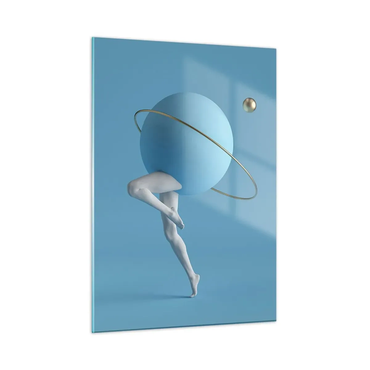 Obraz na szkle - Minimalistyczna kompozycja planety z ludzkimi nogami na błękicie - 50x70cm - A planety szaleją - Nowoczesna dekoracja ścienna do salonu, kuchni i sypialni ARTTOR
