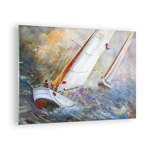 Obraz na szkle - Żaglówki na wzburzonym morzu podczas regat - 70x50cm - Biegnące po falach - Nowoczesna dekoracja ścienna do salonu i sypialni ARTTOR