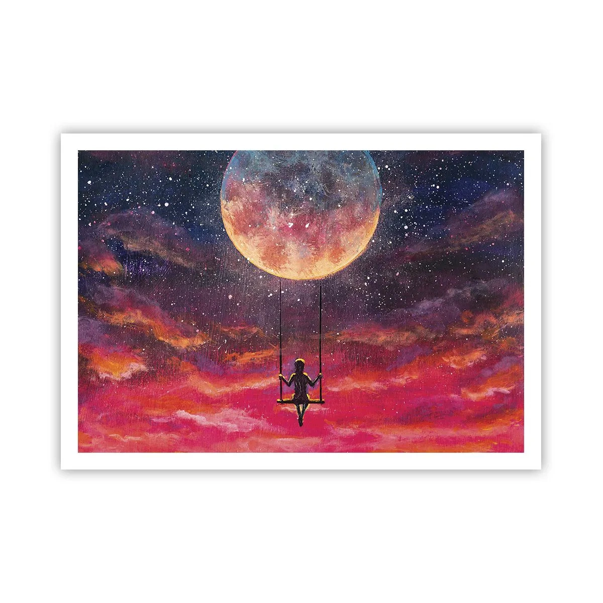 Plakat - Postać na huśtawce zawieszonej na tle księżyca - 100x70cm - Bujać w obłokach - Nowoczesna dekoracja ścienna do salonu i sypialni ARTTOR