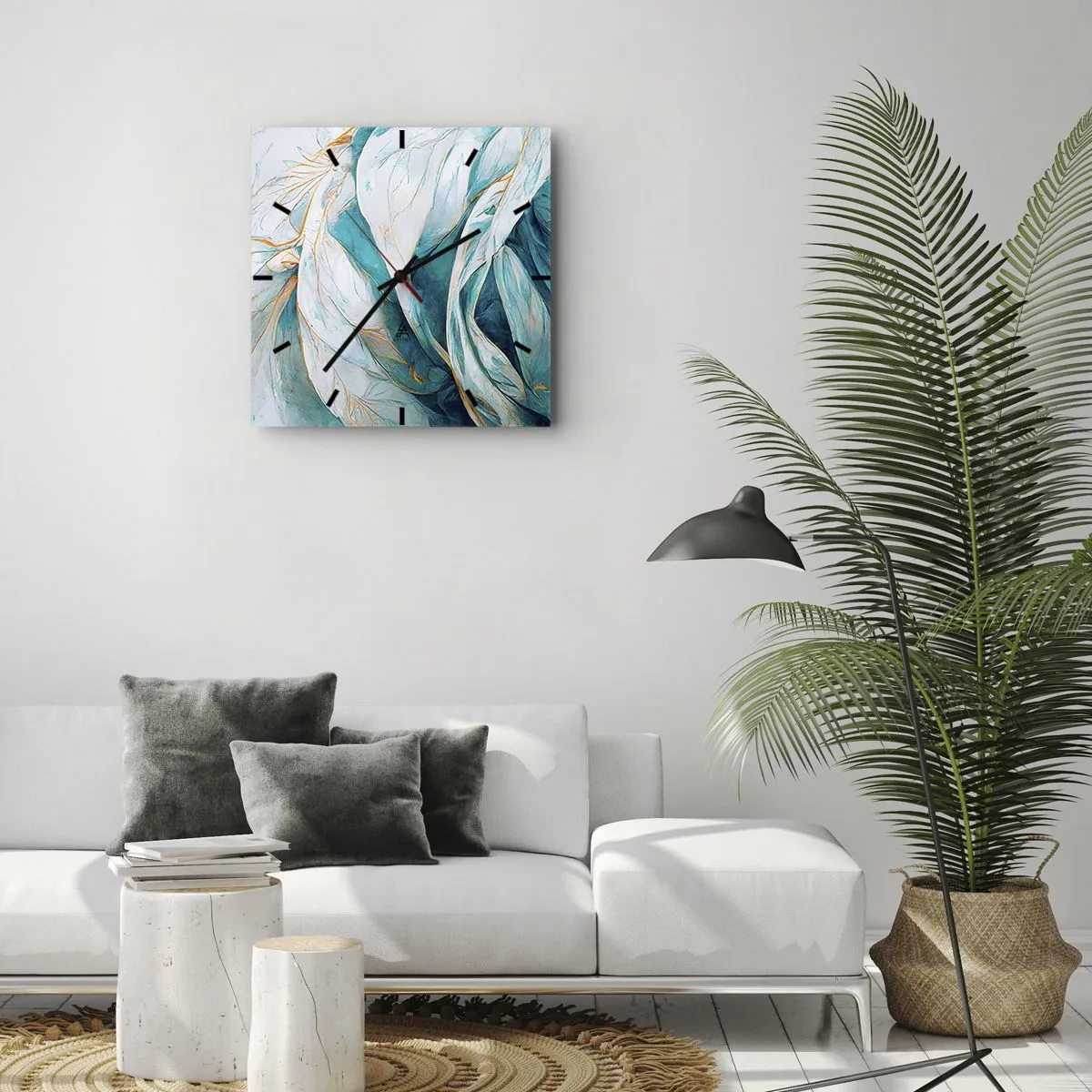Zegar ścienny - Błękitna abstrakcja z motywem złota - 40x40 cm