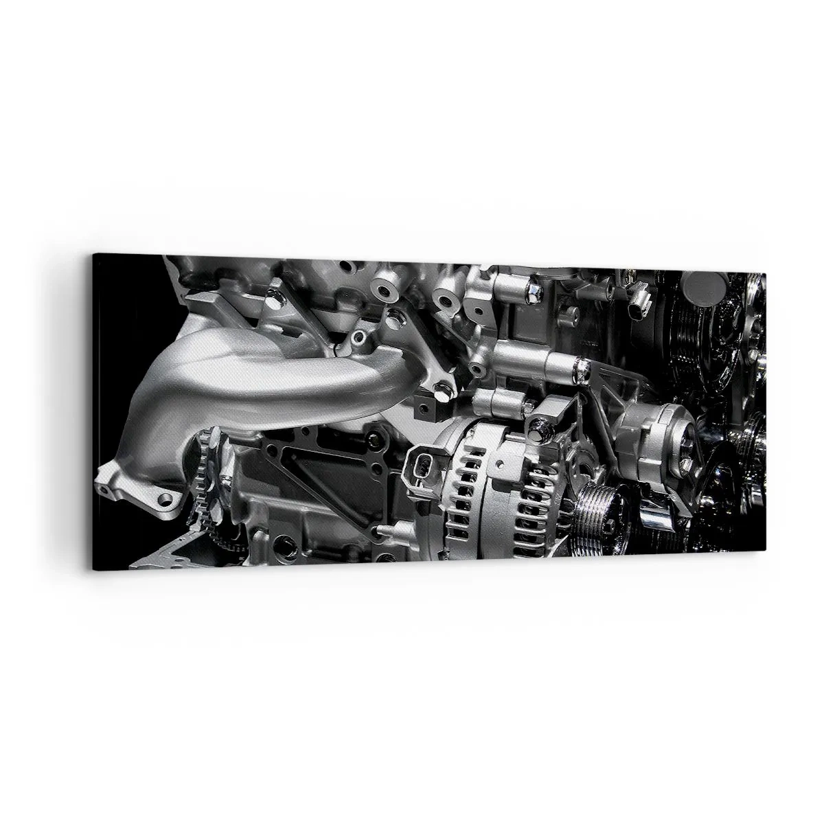Obraz na płótnie - Metalowe części silnika w zbliżeniu na czarnym tle - 120x50cm - Stalowy, piękny, silny - Nowoczesna dekoracja ścienna do salonu i sypialni ARTTOR