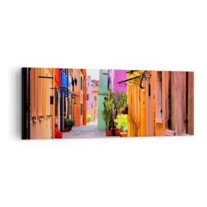 Obraz na płótnie - Kolorowa uliczka z kamienicami w jasnych odcieniach - 140x50cm - Tęczowy zaułek - Nowoczesna dekoracja ścienna do salonu i sypialni ARTTOR
