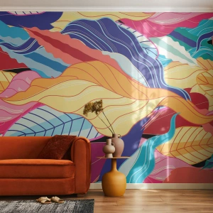 Fototapeta Premium Canvas - Barwne liście w żywych kolorach tworzące dynamiczną kompozycję - 100x70cm - Kolorowy bałagan - Nowoczesna dekoracja ścienna do salonu i sypialni ARTTOR