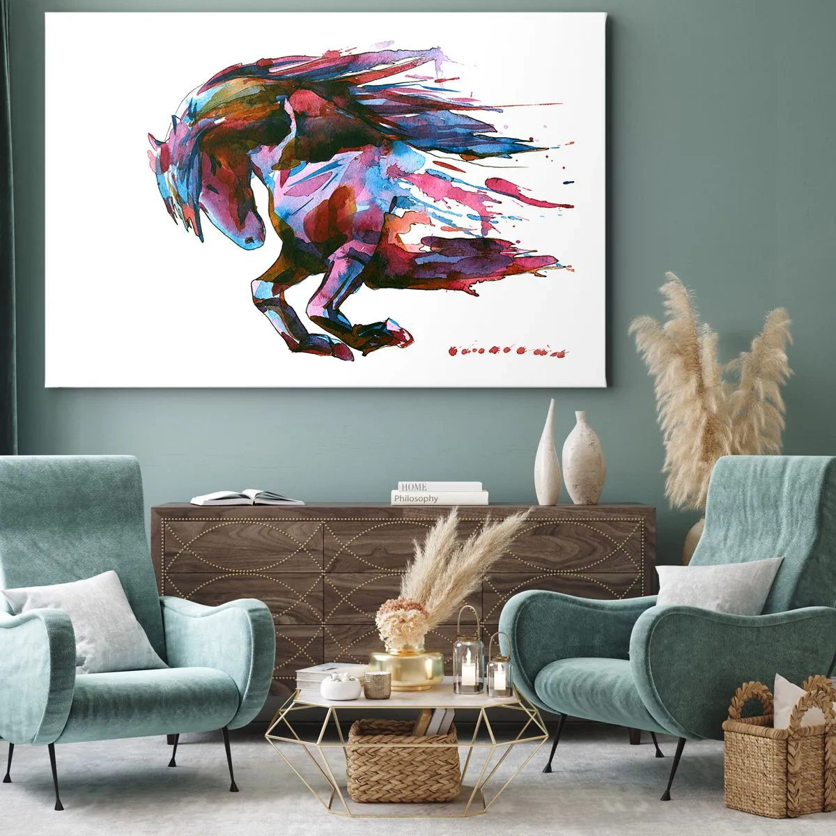 Obraz na płótnie - Koń w dynamicznych abstrakcyjnych barwach symbolizujący wolność - 70x50cm - W uniesieniu - Nowoczesna dekoracja ścienna do salonu i sypialni ARTTOR