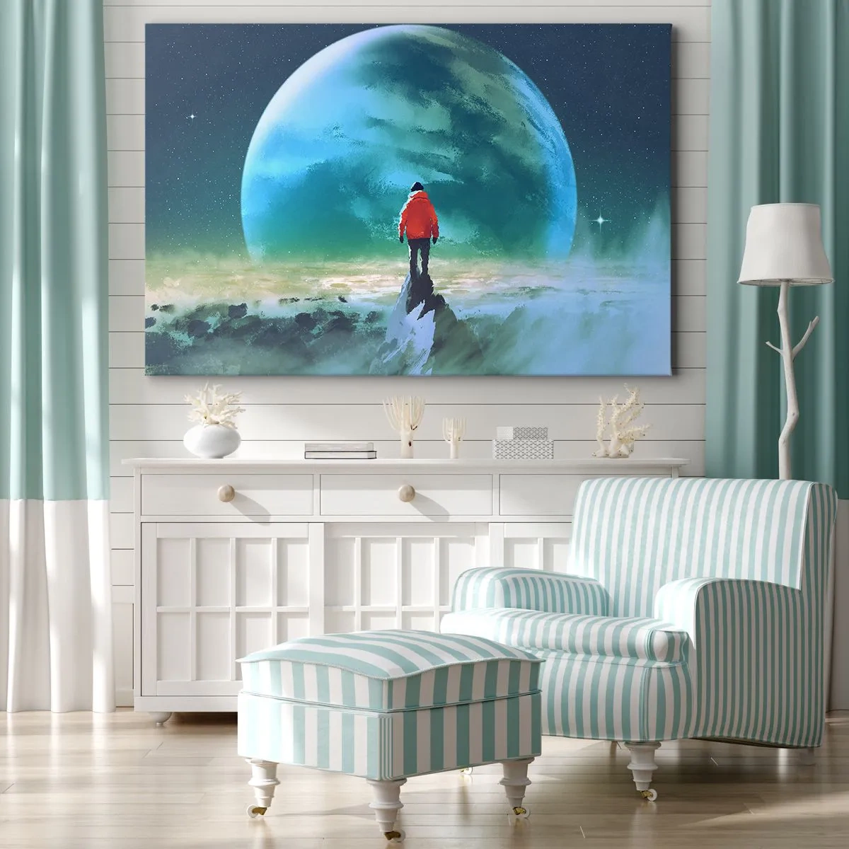 Obraz na płótnie - Człowiek w czerwonej kurtce stojący przed wielką planetą na tle gwiazd - 70x50cm - Odkrywca nowej ziemi - Nowoczesna dekoracja ścienna do salonu i sypialni ARTTOR