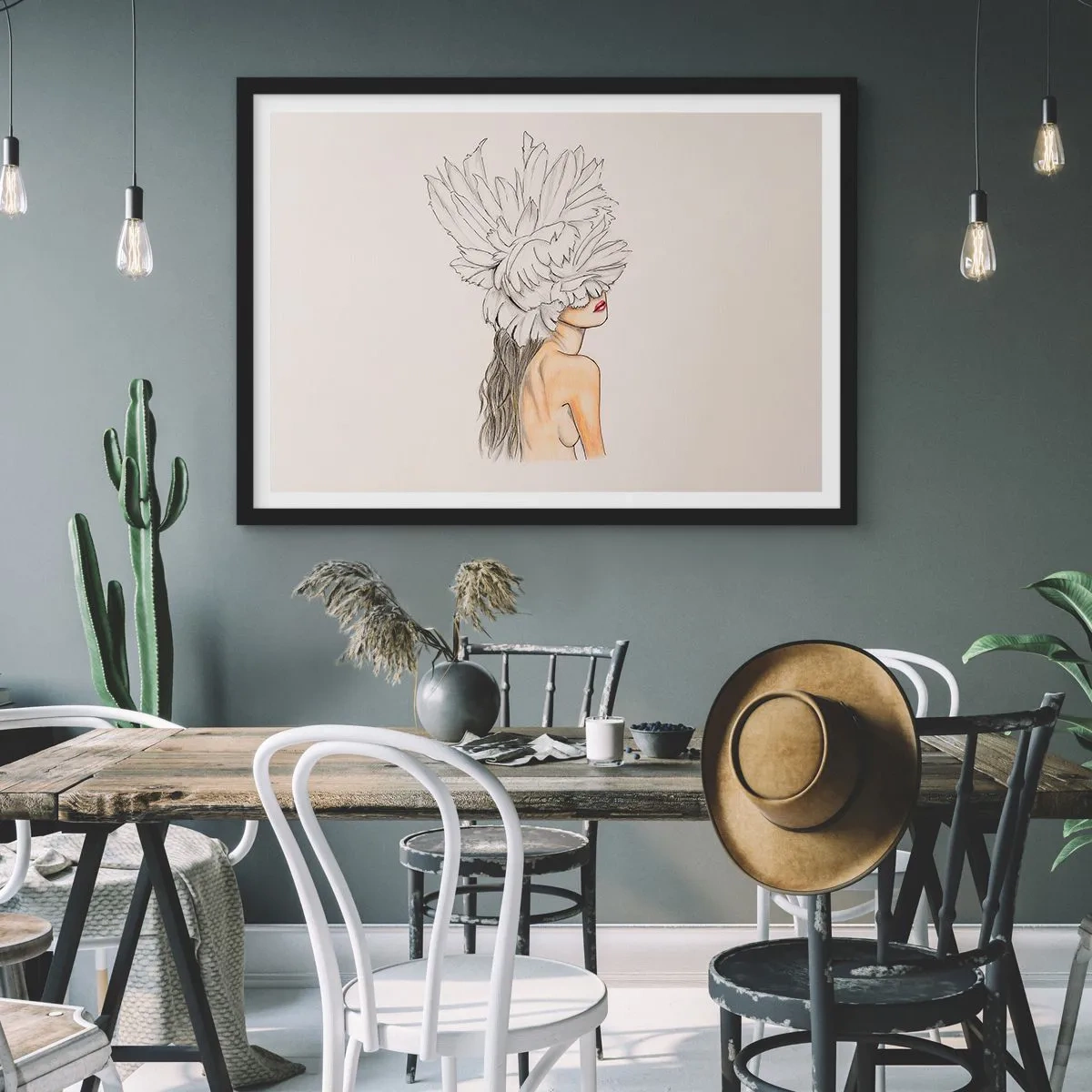 Plakat w czarnej ramie - Portret kobiety z ozdobą z piór w artystycznym stylu - 100x70cm - Piękność ukoronowana - Nowoczesna dekoracja ścienna do salonu i sypialni ARTTOR