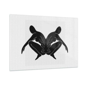 Obraz na szkle - Czarne postacie tworzące symetryczne serce na białym tle - 100x70cm - Wspólna dusza - Nowoczesna dekoracja ścienna do salonu, kuchni i sypialni ARTTOR