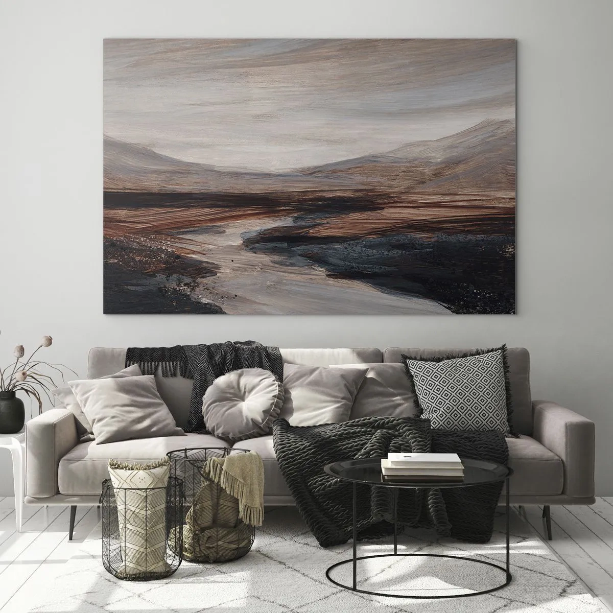 Obraz na szkle - Malownicza dolina z rzeką w odcieniach brązu i błękitu - 70x50cm - Spokojna dolina - Nowoczesna dekoracja ścienna do salonu i sypialni ARTTOR