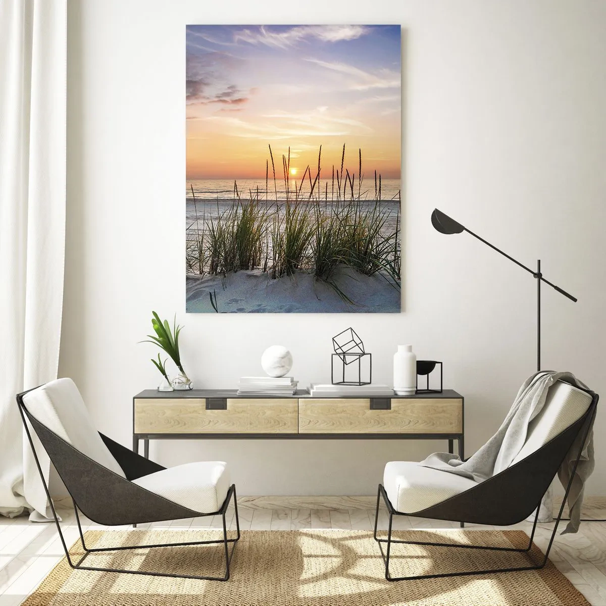 Obraz na szkle - Zachód słońca nad plażą z trawami - 50x70cm - Popatrz, pomyśl, poczuj - Nowoczesna dekoracja ścienna do salonu, kuchni i sypialni ARTTOR
