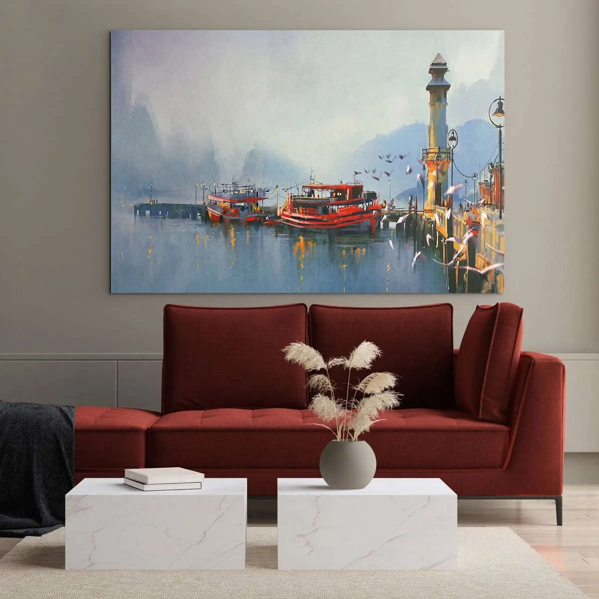 Obraz na szkle - Port z czerwonymi łodziami, latarnią i ptakami na tle gór - 70x50cm - Na końcu świata - Nowoczesna dekoracja ścienna do salonu i sypialni ARTTOR