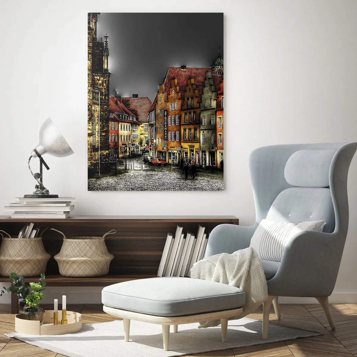 Obraz na szkle - Kolorowe kamienice na tle pochmurnego nieba - 50x70cm - Brakuje tylko zaczarowanej dorożki - Nowoczesna dekoracja ścienna do salonu, kuchni i sypialni ARTTOR