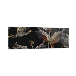 Obraz na szkle - Stylowe żurawie i kwiaty na czarnym tle - 160x50cm - Baśniowy ptak - Nowoczesna dekoracja ścienna do salonu i sypialni ARTTOR