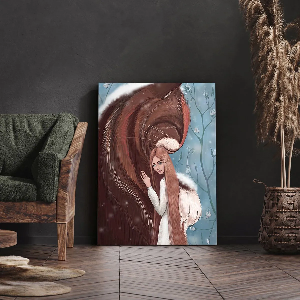 Obraz na płótnie - Ilustracja dziewczyny wtulonej w ogromnego rudego kota na tle zimowego krajobrazu - 70x100cm - Witaj w baśni - Nowoczesna dekoracja ścienna do salonu i sypialni ARTTOR