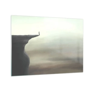 Obraz na szkle - Sylwetka osoby stojącej na skraju urwiska nad mgłą - 70x50cm - Do góry, oczywiście! - Nowoczesna dekoracja ścienna do salonu i sypialni ARTTOR