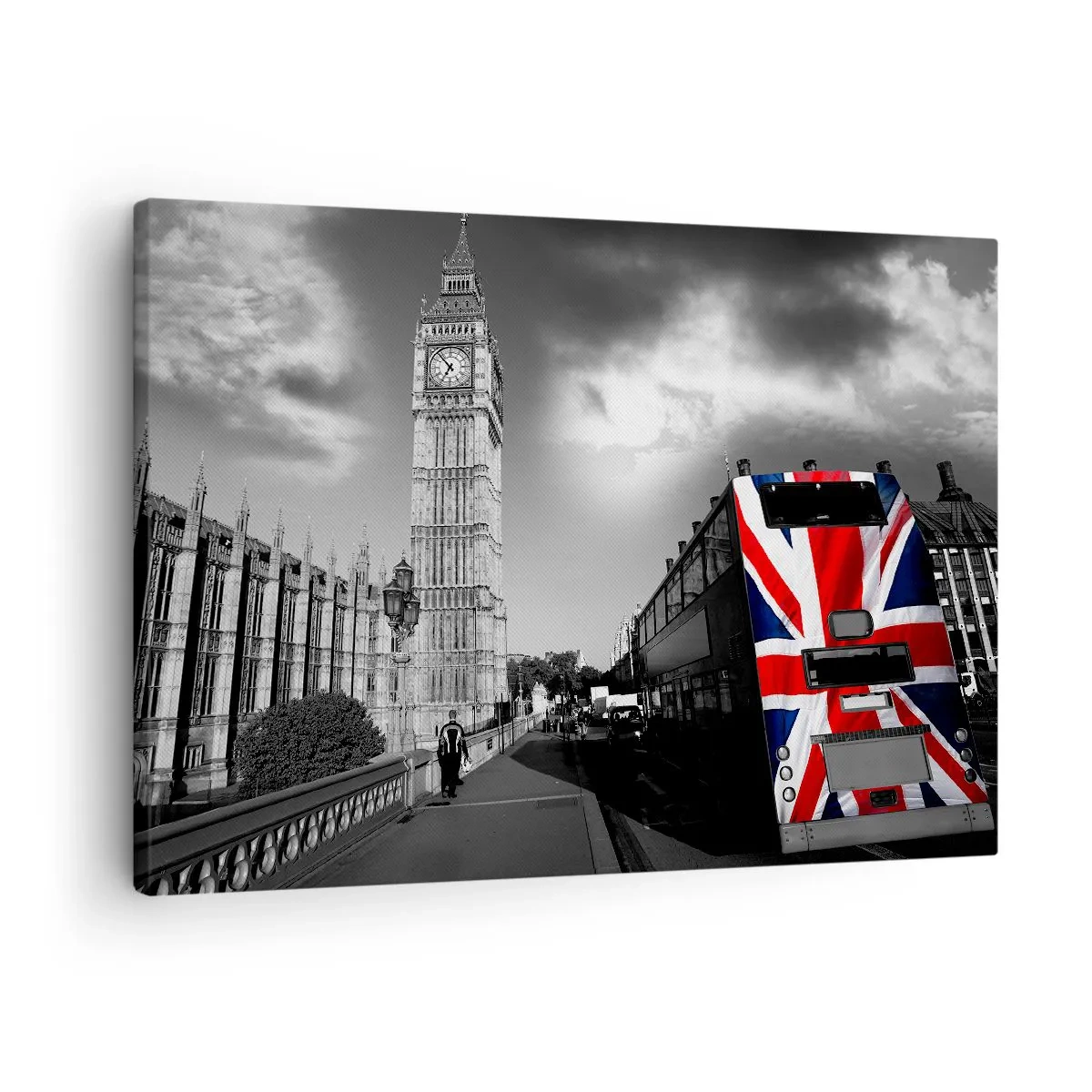 Obraz na płótnie - Big Ben i autobus z flagą Wielkiej Brytanii na tle czarno-białej scenerii - 70x50cm - Dumna i wielka - Nowoczesna dekoracja ścienna do salonu i sypialni ARTTOR