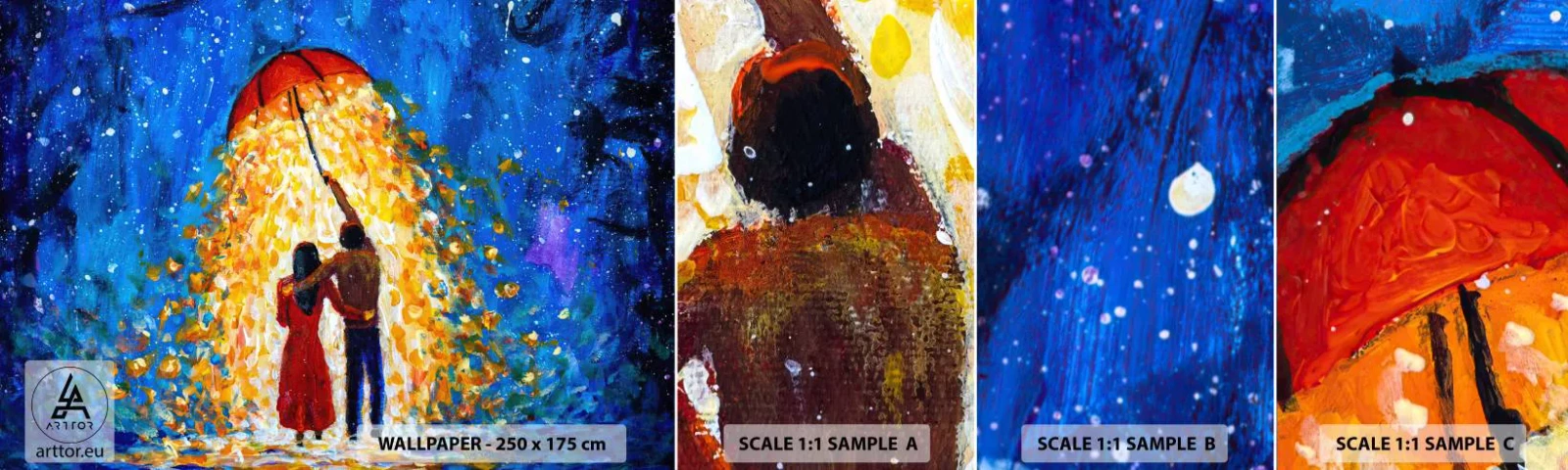 Fototapeta Próbka Samoprzylepna Deluxe Sticker - Magia deszczowego wieczoru? - Romantyczny, Para, Miłość - 100x30 cm