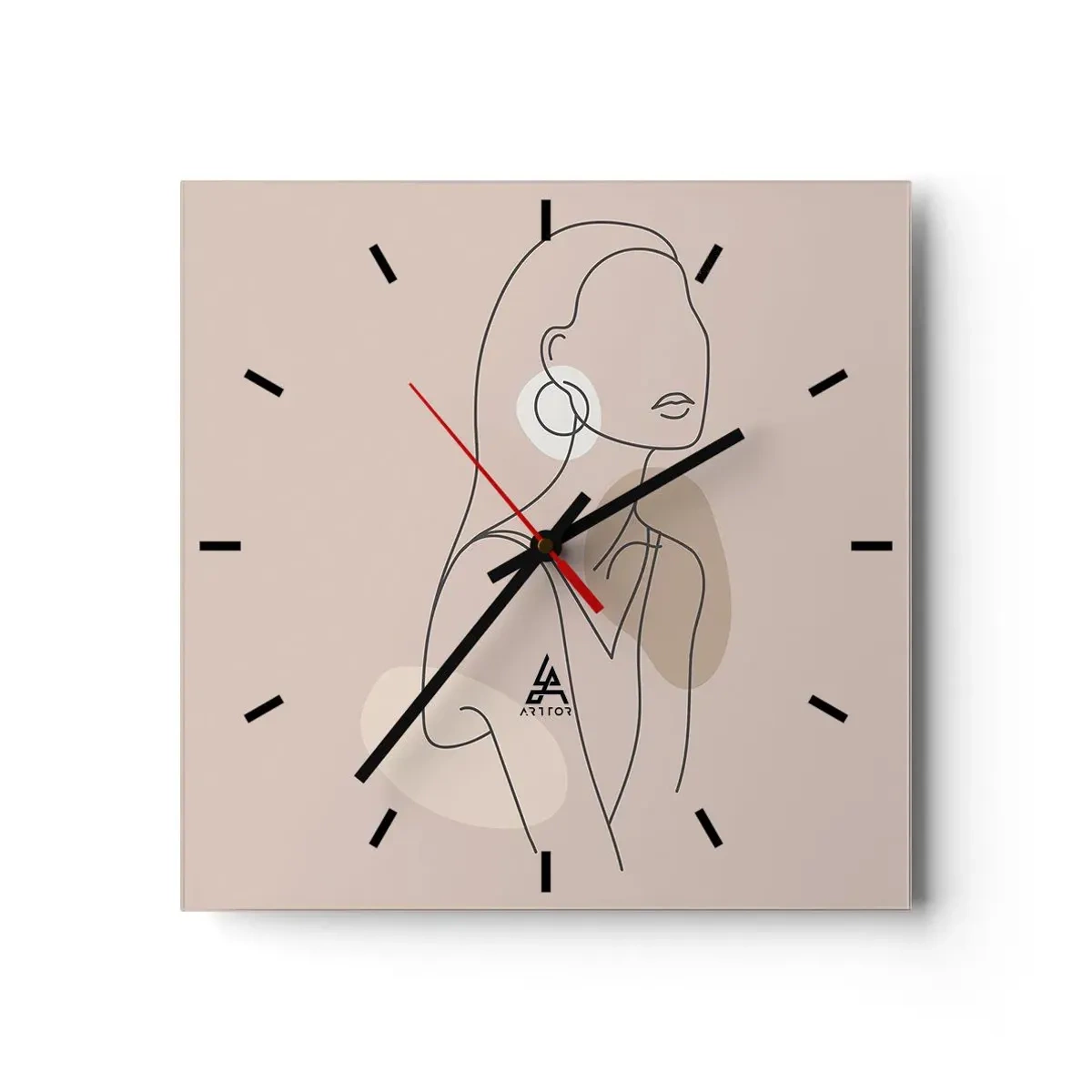 Zegar ścienny - Minimalistyczna ilustracja kobiety z konturów na beżowym tle - 30x30cm - Ikona dziewczęcości - Nowoczesna dekoracja ścienna do salonu i sypialni ARTTOR