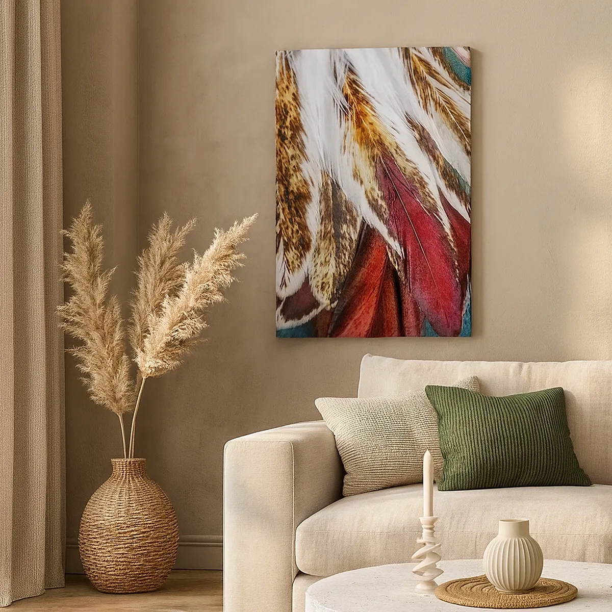 Obraz na płótnie - Kolorowe pióra z detalami w odcieniach bieli, brązu i czerwieni - 50x70cm - Tajemnice lotu - Nowoczesna dekoracja ścienna do salonu, kuchni i sypialni ARTTOR