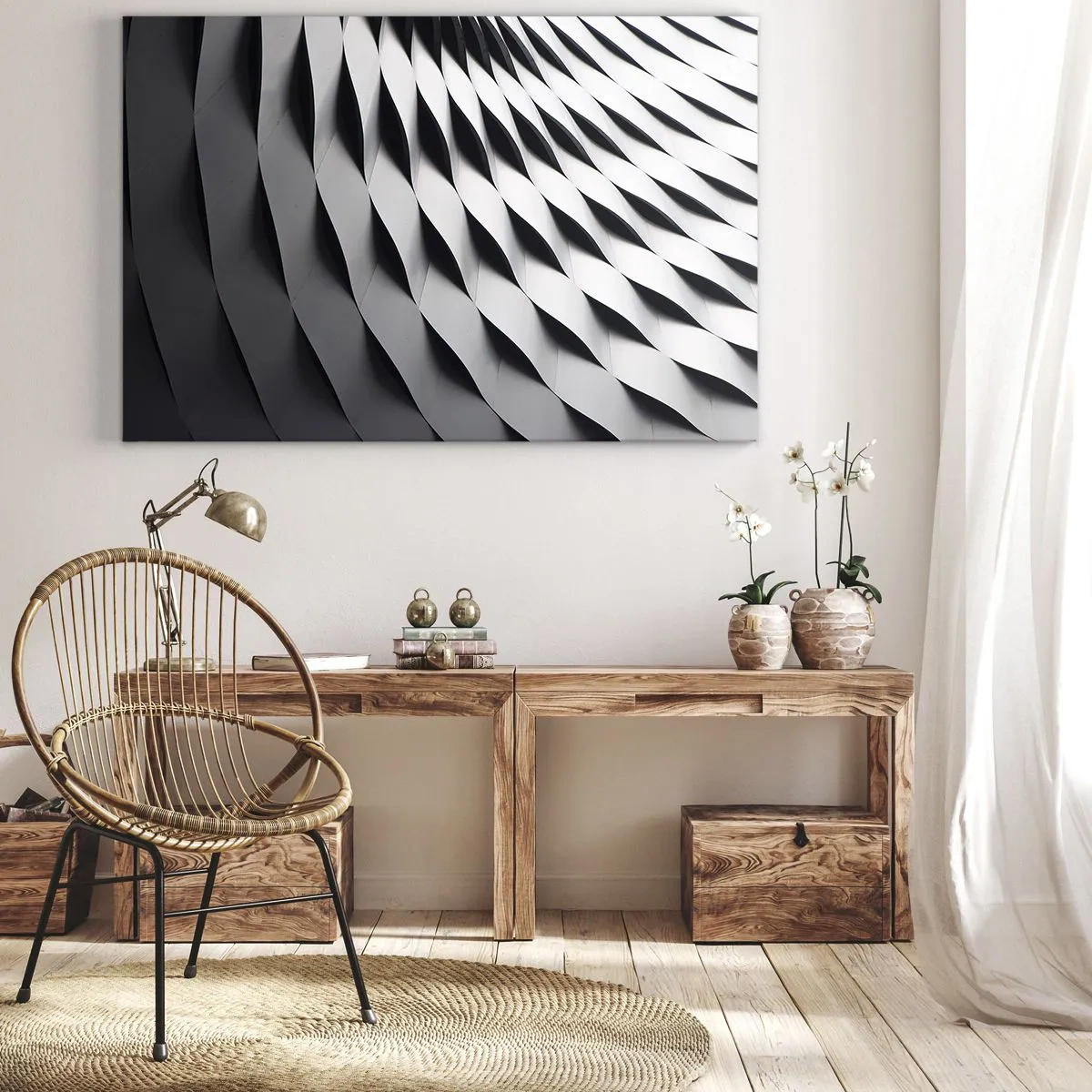 Obraz na płótnie - Abstrakcyjny wzór geometryczny w odcieniach czerni i bieli - 70x50cm - Na powierzchni fal - Nowoczesna dekoracja ścienna do salonu i sypialni ARTTOR