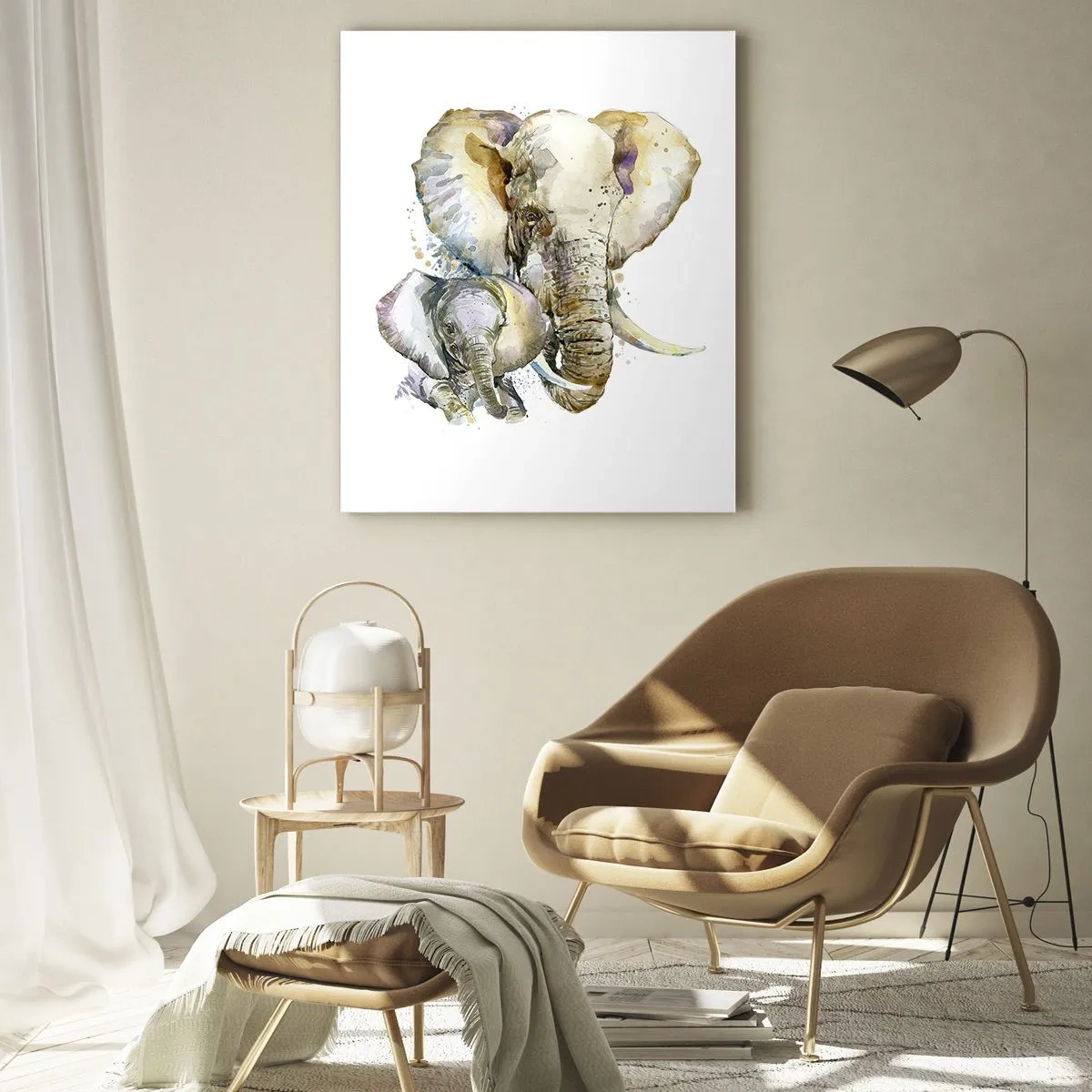 Obraz na szkle - Artystyczne słonie w akwarelowym stylu na białym tle - 50x70cm - Nie ma jak u mamy - Nowoczesna dekoracja ścienna do salonu, kuchni i sypialni ARTTOR