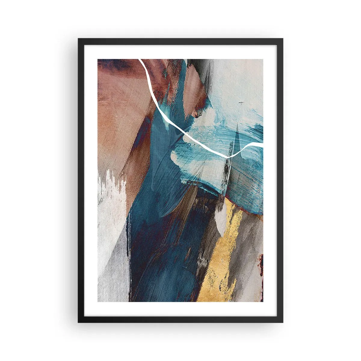 Plakat w czarnej ramie - Ekspresyjna abstrakcja w odcieniach niebieskiego i złota - 50x70cm - Z rozmachem i energicznie - Nowoczesna dekoracja ścienna do salonu i sypialni ARTTOR