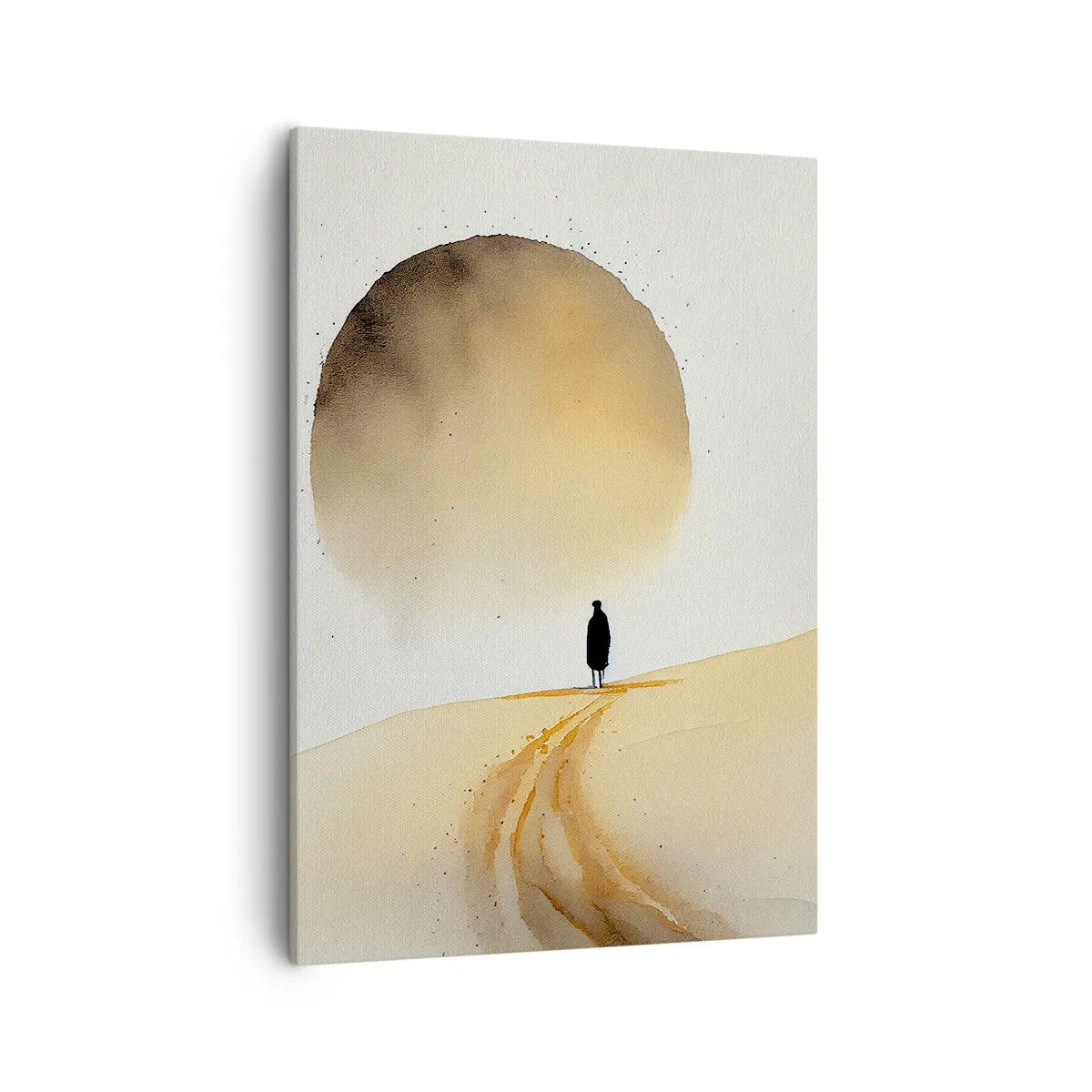 Obraz na płótnie - Minimalistyczna postać na pustynnej drodze z wielkim słońcem - 50x70cm - Zawsze tęsknota - Nowoczesna dekoracja ścienna do salonu, kuchni i sypialni ARTTOR