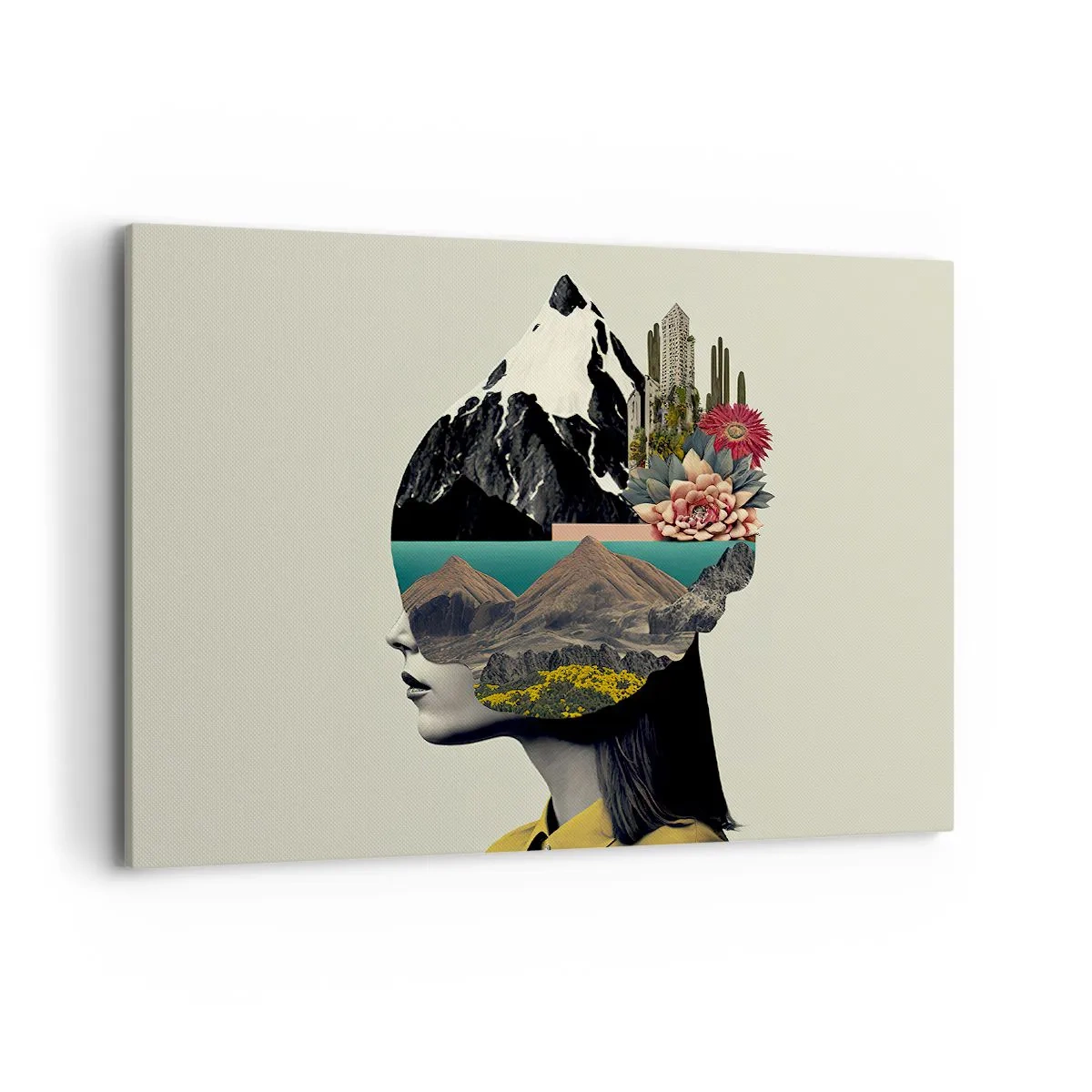 Obraz na płótnie - Kolaż kobiety z krajobrazem górskim i kwiatami - 100x70cm - Kobieta – zawsze tajemnica - Nowoczesna dekoracja ścienna do salonu, kuchni i sypialni ARTTOR