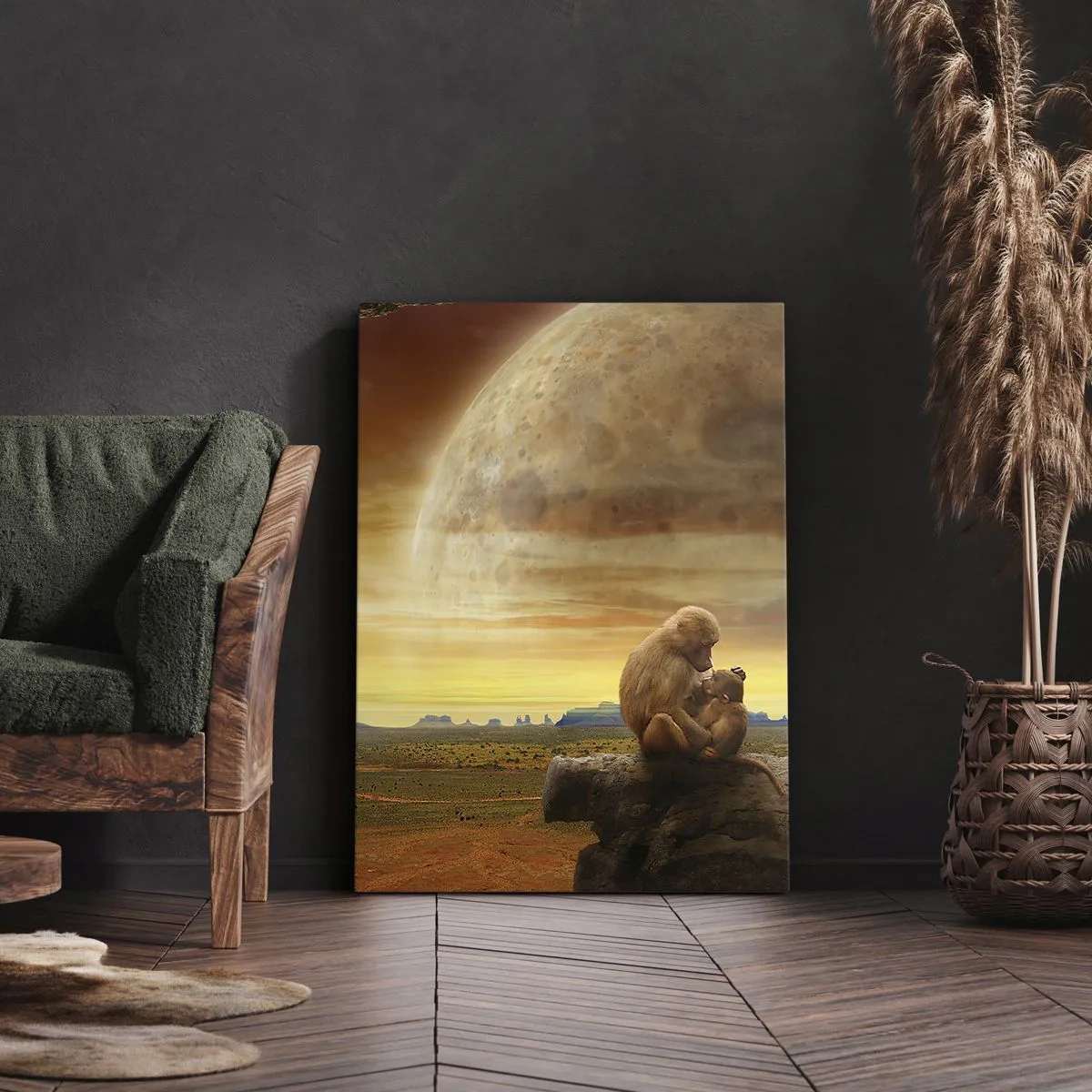 Obraz na płótnie - Małpy siedzące na skale w surrealistycznym krajobrazie z wielką planetą - 70x100cm - Miłość wszędzie ta sama - Nowoczesna dekoracja ścienna do salonu i sypialni ARTTOR